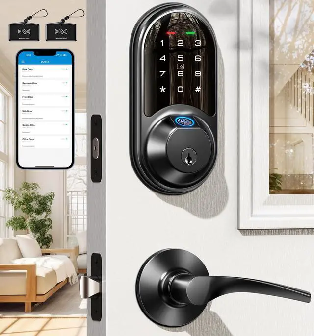 Main image of RZ07B Smart Locks for Front Door, 2 Lever Handles, Fingerprint Keyless Entry, App Control Biometric Door Lock Set, Touchscreen Keypad Deadbolt, Easy Install, Auto Locking, Matte Black