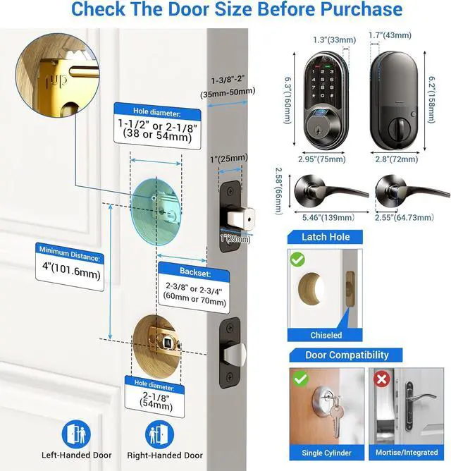 Alt view image 5 of 6 - RZ07B Smart Locks for Front Door, 2 Lever Handles, Fingerprint Keyless Entry, App Control Biometric Door Lock Set, Touchscreen Keypad Deadbolt, Easy Install, Auto Locking, Matte Black