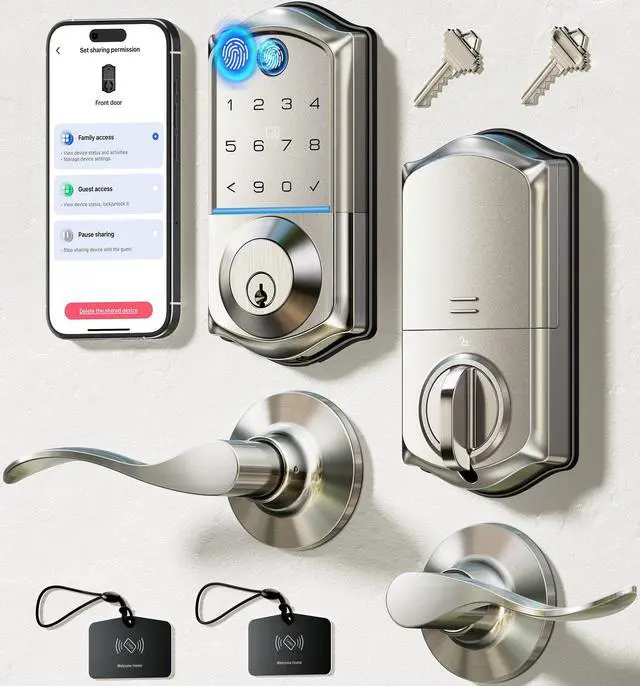 Main image of VE017-L Fingerprint Smart Lock with Lever Handles, App Control, Keyless Entry Front Door Lock Set, Electronic Digital Keypad Deadbolt, Remote Grant, Emergency Power Port, Auto Lock, Satin Nickel