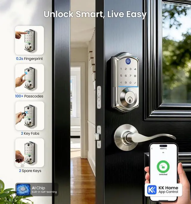Alt view image 2 of 7 - VE017-L Fingerprint Smart Lock with Lever Handles, App Control, Keyless Entry Front Door Lock Set, Electronic Digital Keypad Deadbolt, Remote Grant, Emergency Power Port, Auto Lock, Satin Nickel