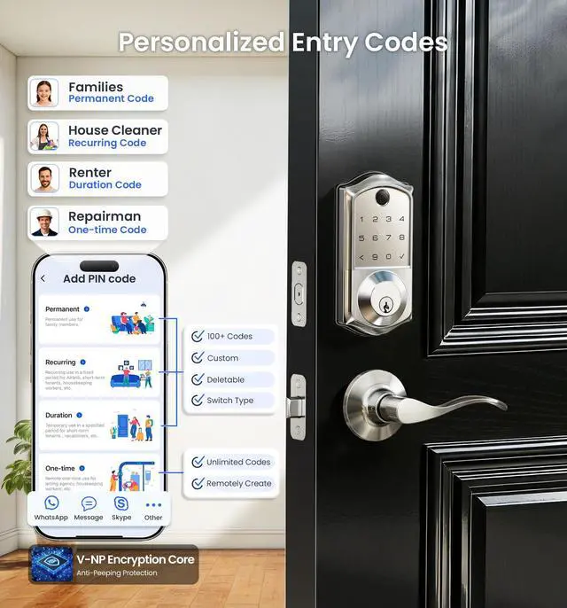 Alt view image 3 of 7 - VE017-L Fingerprint Smart Lock with Lever Handles, App Control, Keyless Entry Front Door Lock Set, Electronic Digital Keypad Deadbolt, Remote Grant, Emergency Power Port, Auto Lock, Satin Nickel