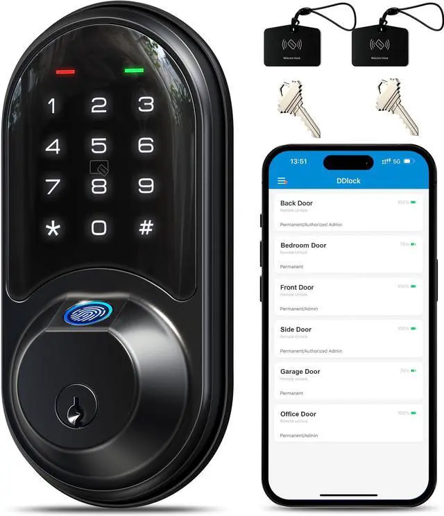 Main image of RZ07 Fingerprint Smart Lock, 7-in-1 Smart Locks for Front Door, Keyless Entry Door Lock with App Control & Auto-Lock, Biometric Electronic Touchscreen Keypad Deadbolt, Matte Black