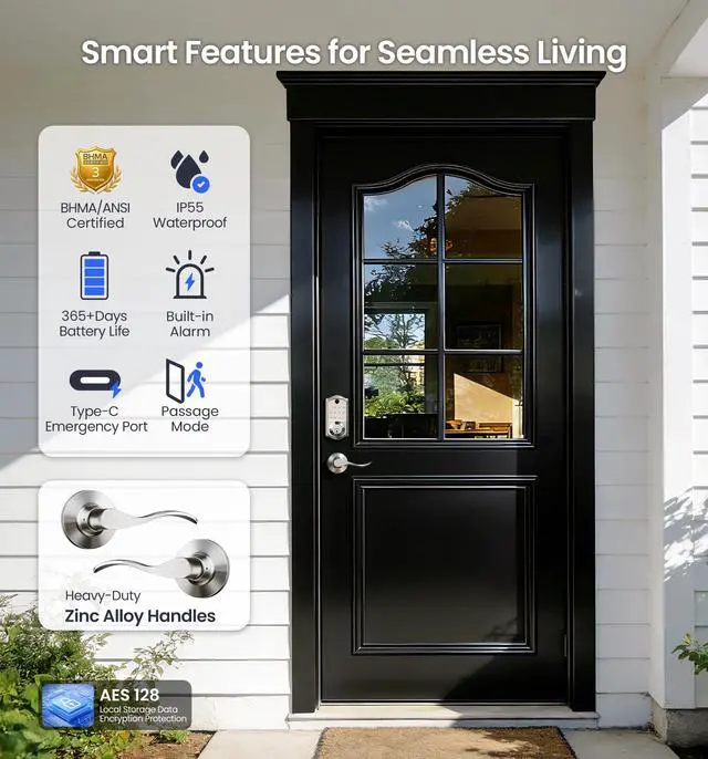 Alt view image 5 of 7 - VE017-L Fingerprint Smart Lock with Lever Handles, App Control, Keyless Entry Front Door Lock Set, Electronic Digital Keypad Deadbolt, Remote Grant, Emergency Power Port, Auto Lock, Satin Nickel