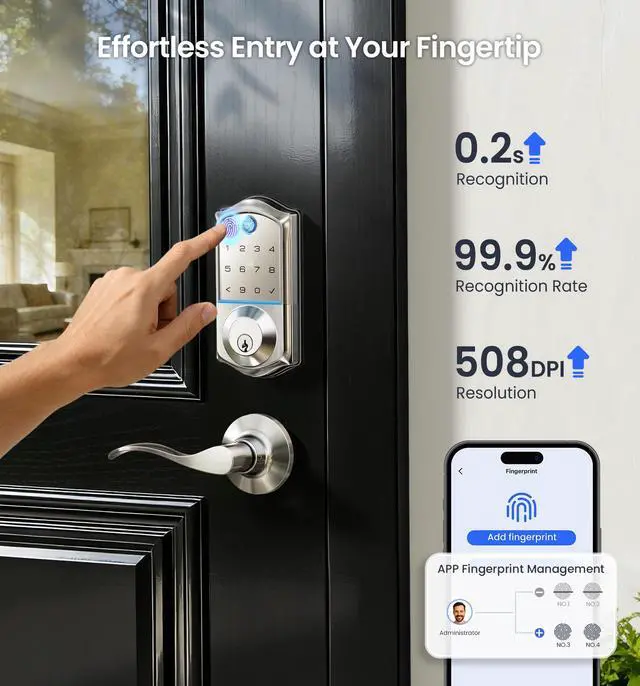 Alt view image 6 of 7 - VE017-L Fingerprint Smart Lock with Lever Handles, App Control, Keyless Entry Front Door Lock Set, Electronic Digital Keypad Deadbolt, Remote Grant, Emergency Power Port, Auto Lock, Satin Nickel