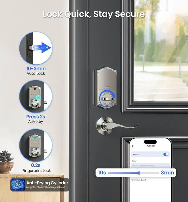 Alt view image 7 of 7 - VE017-L Fingerprint Smart Lock with Lever Handles, App Control, Keyless Entry Front Door Lock Set, Electronic Digital Keypad Deadbolt, Remote Grant, Emergency Power Port, Auto Lock, Satin Nickel
