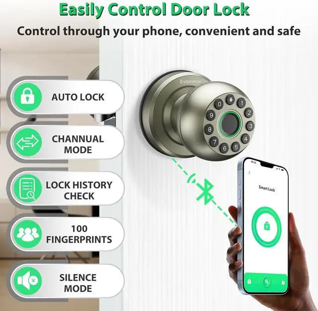 Alt view image 3 of 7 - Smart Door Knob Fingerprint Door Lock 4-in-1 Keyless Entry (Fingerprint/App/Code/Key) with Auto-Lock Easy Install for Home/Bedroom/Office-Silver
