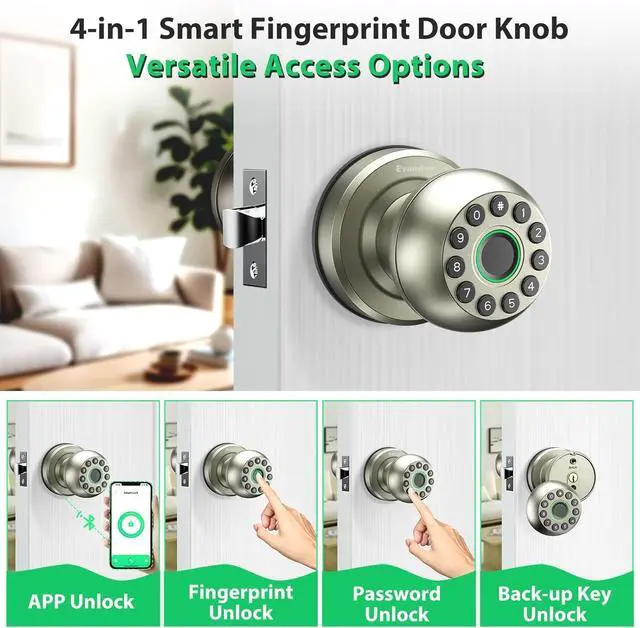 Alt view image 2 of 7 - Smart Door Knob Fingerprint Door Lock 4-in-1 Keyless Entry (Fingerprint/App/Code/Key) with Auto-Lock Easy Install for Home/Bedroom/Office-Silver
