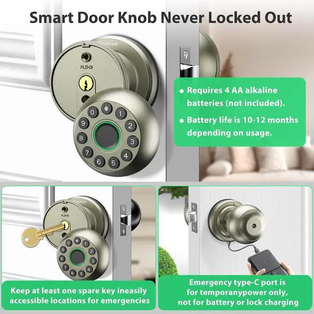 Alt view image 5 of 7 - Smart Door Knob Fingerprint Door Lock 4-in-1 Keyless Entry (Fingerprint/App/Code/Key) with Auto-Lock Easy Install for Home/Bedroom/Office-Silver