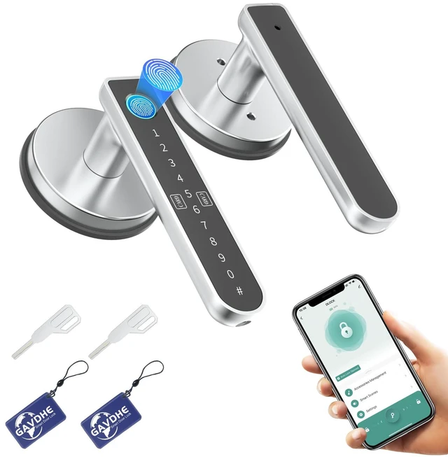 Main image of Fingerprint Door Lock, Smart Lock for Bedroom Door, Black/Silver | Smart Door Knob, App Control, Standalone Mode, Auto-Lock, Keyless Entry, Backup Key, 100 Each for Fingerprints, Codes & Cards