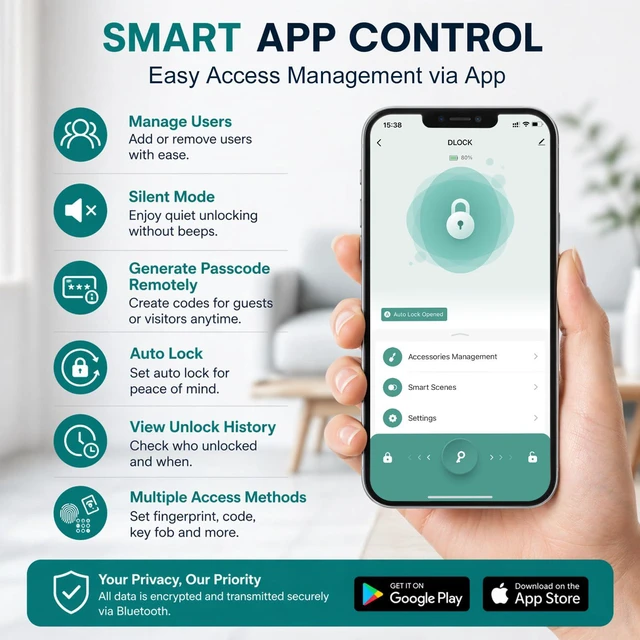 Alt view image 3 of 7 - Fingerprint Door Lock, Smart Lock for Bedroom Door, Black/Silver | Smart Door Knob, App Control, Standalone Mode, Auto-Lock, Keyless Entry, Backup Key, 100 Each for Fingerprints, Codes & Cards