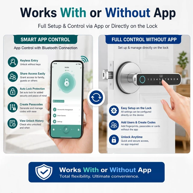 Alt view image 4 of 7 - Fingerprint Door Lock, Smart Lock for Bedroom Door, Black/Silver | Smart Door Knob, App Control, Standalone Mode, Auto-Lock, Keyless Entry, Backup Key, 100 Each for Fingerprints, Codes & Cards