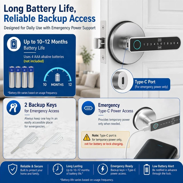 Alt view image 6 of 7 - Fingerprint Door Lock, Smart Lock for Bedroom Door, Black/Silver | Smart Door Knob, App Control, Standalone Mode, Auto-Lock, Keyless Entry, Backup Key, 100 Each for Fingerprints, Codes & Cards