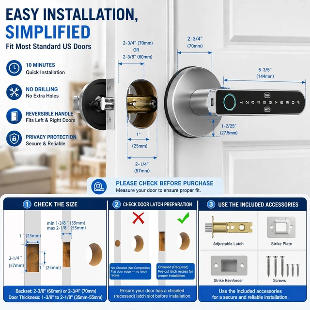 Alt view image 7 of 7 - Fingerprint Door Lock, Smart Lock for Bedroom Door, Black/Silver | Smart Door Knob, App Control, Standalone Mode, Auto-Lock, Keyless Entry, Backup Key, 100 Each for Fingerprints, Codes & Cards