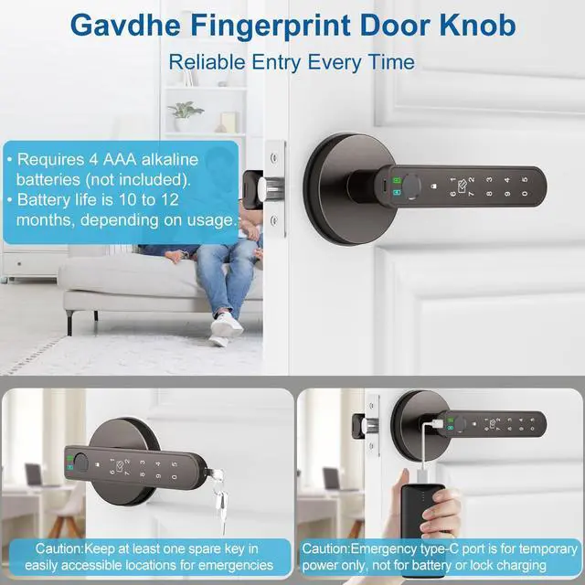 Alt view image 5 of 7 - Fingerprint Door Lock Smart Fingerprint Door Knob with Keyless Entry Biometric Door Lock with Keypad App Control Easy Installation for Home Bedroom Office(Starry Grey)