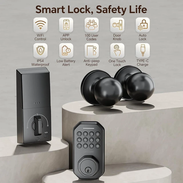 Alt view image 2 of 7 - Keyless Entry Door Lock with Knob Set, Built-in WiFi, Door Locks for Front Door, App Control, Smart Lock, Keypad Deadbolt with Auto Lock, One-Touch Lock, One-Time Code, 5 Keys, Easy to Install