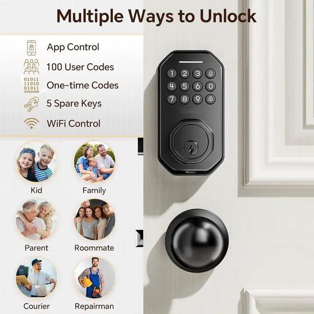 Alt view image 4 of 7 - Keyless Entry Door Lock with Knob Set, Built-in WiFi, Door Locks for Front Door, App Control, Smart Lock, Keypad Deadbolt with Auto Lock, One-Touch Lock, One-Time Code, 5 Keys, Easy to Install