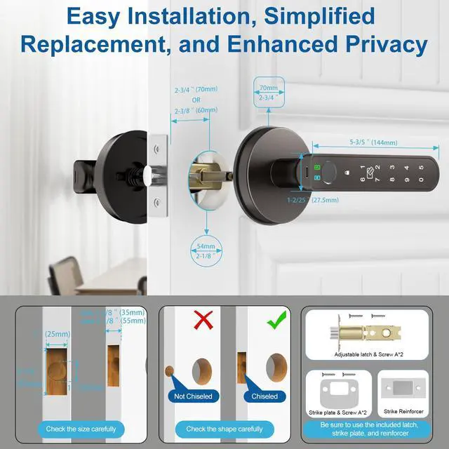 Alt view image 6 of 7 - Fingerprint Door Lock Smart Fingerprint Door Knob with Keyless Entry Biometric Door Lock with Keypad App Control Easy Installation for Home Bedroom Office(Starry Grey)