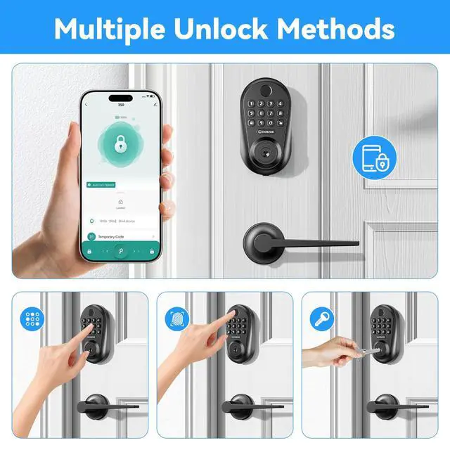 Alt view image 2 of 7 - Keyless Entry Door Lock,5-in-1 Smart Lock for Front Door,Fingerprint, Keyless Entry & Auto-Lock Deadbolt with Handle Set, Remote Control via App, Easy Install - Black