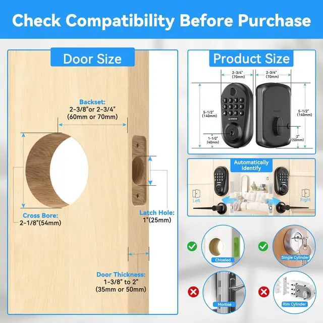 Alt view image 7 of 7 - Keyless Entry Door Lock,5-in-1 Smart Lock for Front Door,Fingerprint, Keyless Entry & Auto-Lock Deadbolt with Handle Set, Remote Control via App, Easy Install - Black