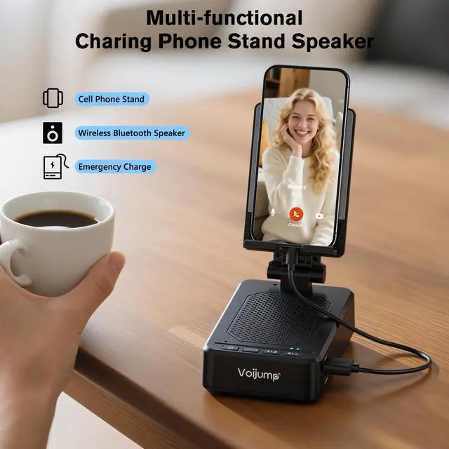 Alt view image 4 of 7 - Cell Phone Stand with Wireless Bluetooth Speaker and Charging, Anti-Slip Base HD Surround Sound, Perfect for Home/Outdoor, Phone Holder Compatible with iPhone/ipad/Samsung Galaxy, Gifts for Men Women