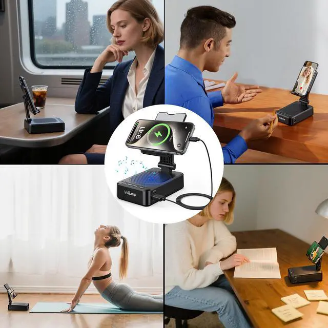 Alt view image 6 of 7 - Cell Phone Stand with Wireless Bluetooth Speaker and Charging, Anti-Slip Base HD Surround Sound, Perfect for Home/Outdoor, Phone Holder Compatible with iPhone/ipad/Samsung Galaxy, Gifts for Men Women