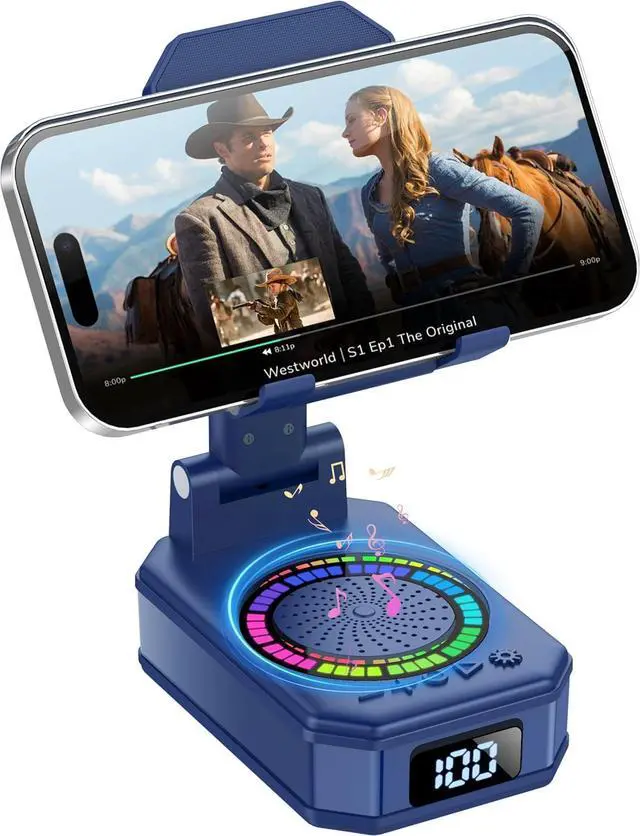 Main image of Gifts for Men Women, Cell Phone Stand with Wireless Bluetooth Speaker and Colorful LED Lights, Anti-Slip Base HD Surround Sound, Rechargeable (3000mAh), Home and Outdoors Bluetooth Speaker Blue
