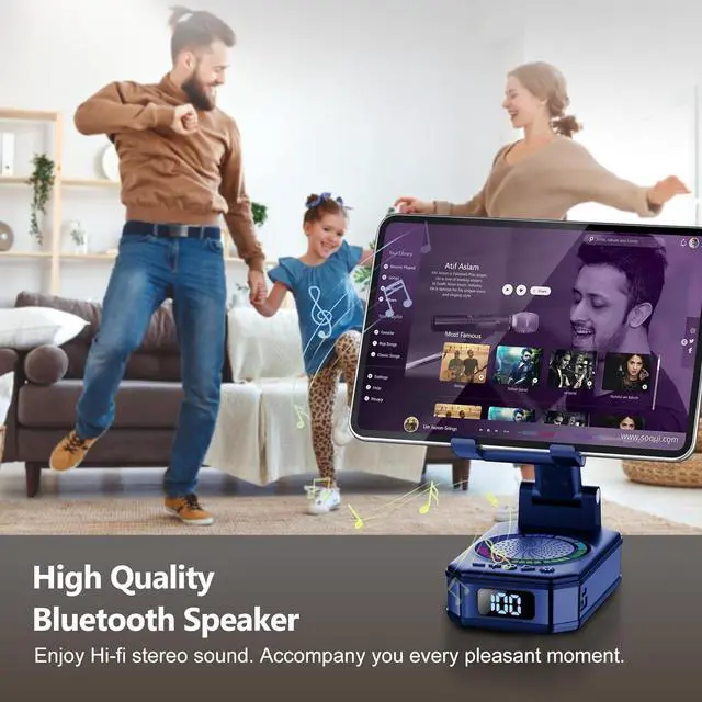 Alt view image 5 of 7 - Gifts for Men Women, Cell Phone Stand with Wireless Bluetooth Speaker and Colorful LED Lights, Anti-Slip Base HD Surround Sound, Rechargeable (3000mAh), Home and Outdoors Bluetooth Speaker Blue