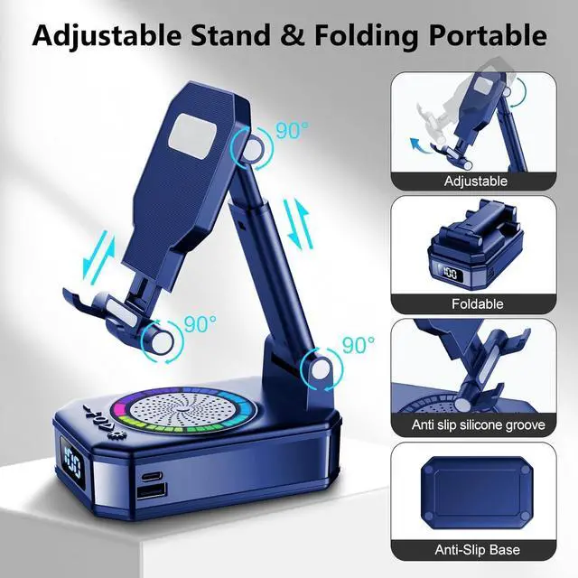 Alt view image 6 of 7 - Gifts for Men Women, Cell Phone Stand with Wireless Bluetooth Speaker and Colorful LED Lights, Anti-Slip Base HD Surround Sound, Rechargeable (3000mAh), Home and Outdoors Bluetooth Speaker Blue