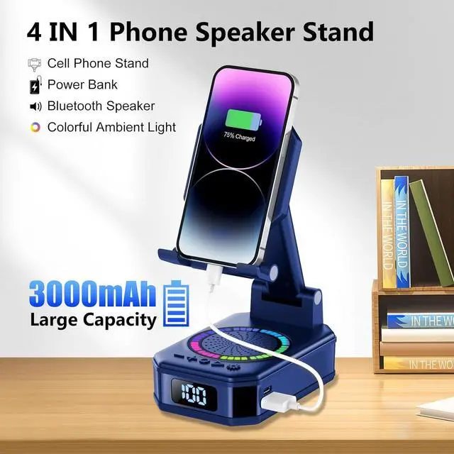 Alt view image 4 of 7 - Gifts for Men Women, Cell Phone Stand with Wireless Bluetooth Speaker and Colorful LED Lights, Anti-Slip Base HD Surround Sound, Rechargeable (3000mAh), Home and Outdoors Bluetooth Speaker Blue