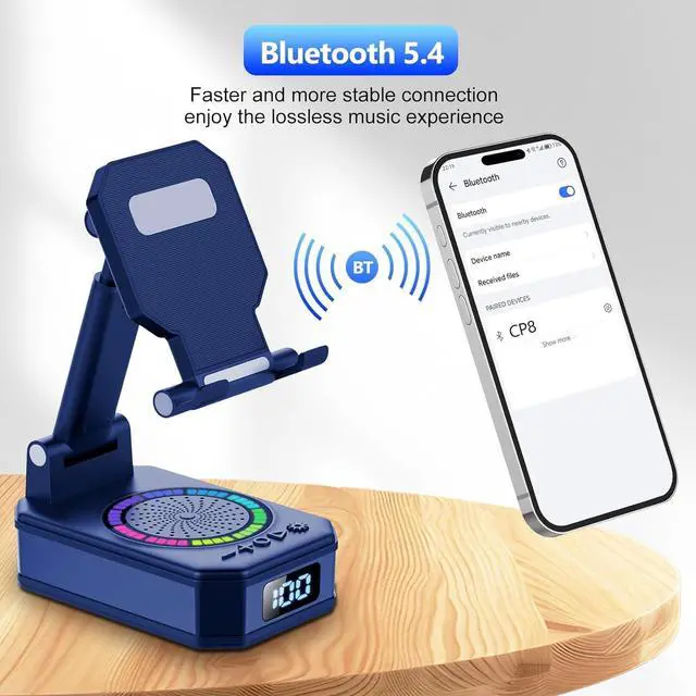 Alt view image 7 of 7 - Gifts for Men Women, Cell Phone Stand with Wireless Bluetooth Speaker and Colorful LED Lights, Anti-Slip Base HD Surround Sound, Rechargeable (3000mAh), Home and Outdoors Bluetooth Speaker Blue