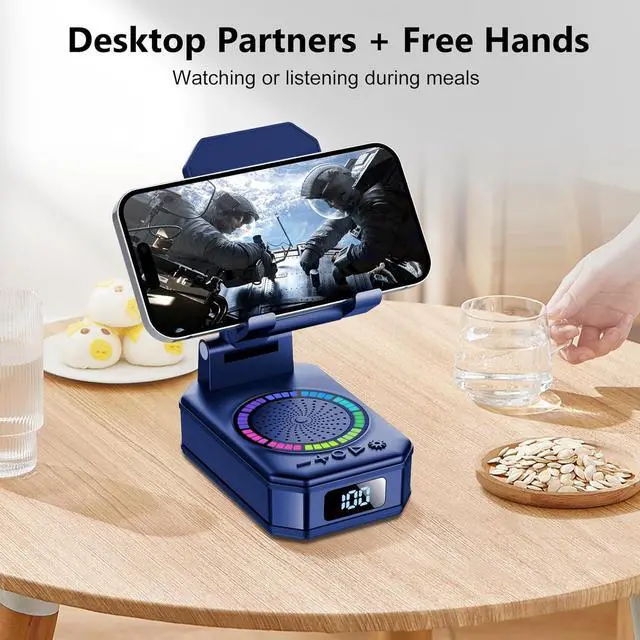 Alt view image 3 of 7 - Gifts for Men Women, Cell Phone Stand with Wireless Bluetooth Speaker and Colorful LED Lights, Anti-Slip Base HD Surround Sound, Rechargeable (3000mAh), Home and Outdoors Bluetooth Speaker Blue