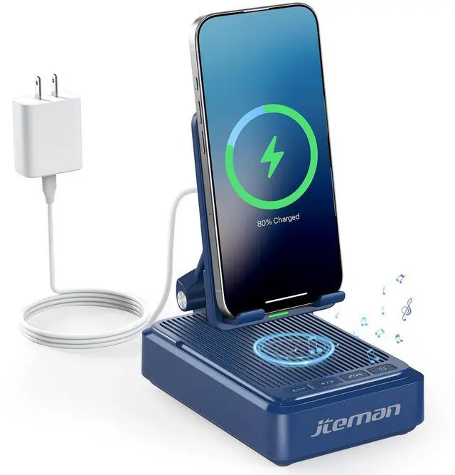 Main image of Gifts for Men Women - Bluetooth Speaker with Cell Phone Stand and Wireless Charger,Wireless Charging Stand Phone Holder for Desk Birthday Gift Idea for Dad Mom (Blue)