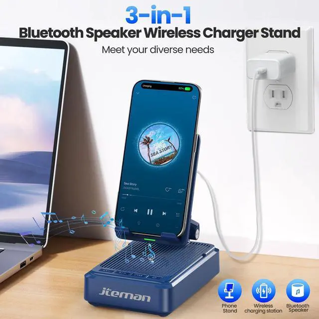 Alt view image 2 of 7 - Gifts for Men Women - Bluetooth Speaker with Cell Phone Stand and Wireless Charger,Wireless Charging Stand Phone Holder for Desk Birthday Gift Idea for Dad Mom (Blue)