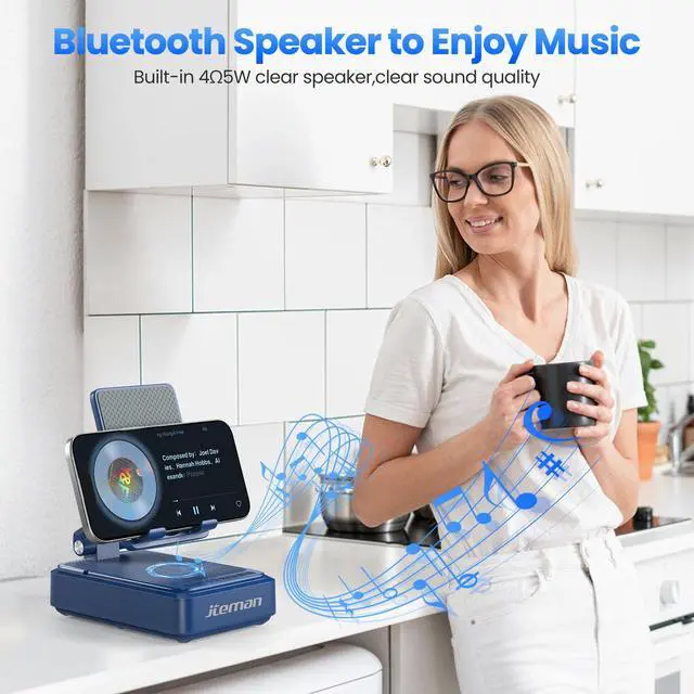 Alt view image 3 of 7 - Gifts for Men Women - Bluetooth Speaker with Cell Phone Stand and Wireless Charger,Wireless Charging Stand Phone Holder for Desk Birthday Gift Idea for Dad Mom (Blue)