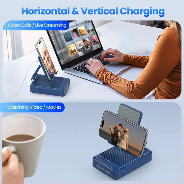 Alt view image 7 of 7 - Gifts for Men Women - Bluetooth Speaker with Cell Phone Stand and Wireless Charger,Wireless Charging Stand Phone Holder for Desk Birthday Gift Idea for Dad Mom (Blue)