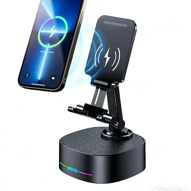 Main image of Bluetooth Speaker with Wireless Charging and Cell Phone Stand,Best Speaker Stand for iPhone/iPad/Samsung Galaxy,HD Surround Sound Perfect for Home and Outdoors,Creative Gift (Black)