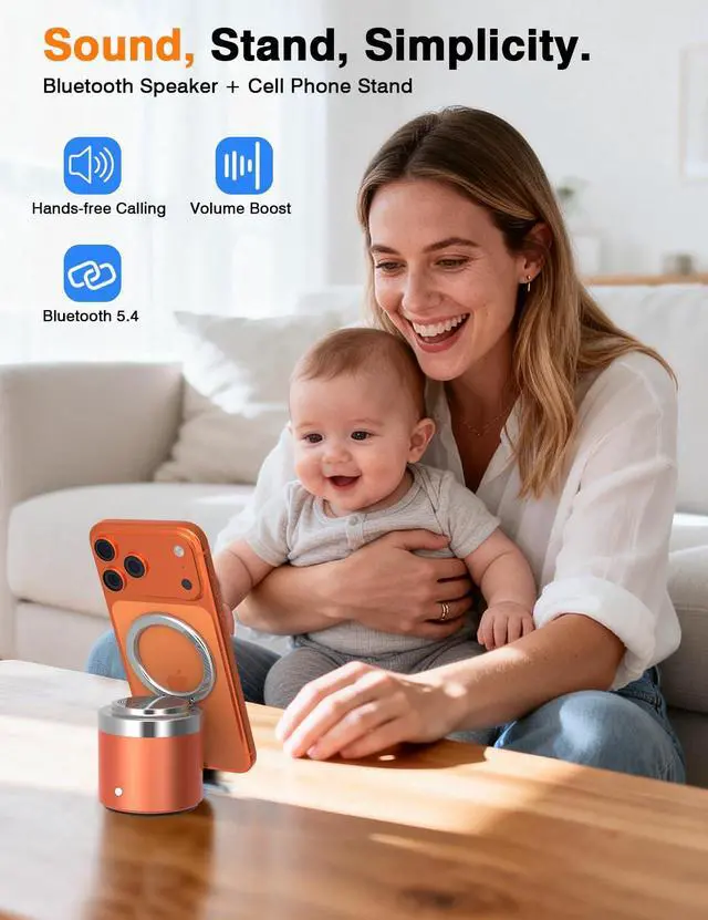 Alt view image 3 of 7 - Wireless Bluetooth Speaker with Secure Magnetic Phone Stand, HD Surround Sound & Anti-Slip Base | Hands-Free Magnetic Holder for Desk, Kitchen, Home Workout - Gift Ideal for Men Women (Orange)