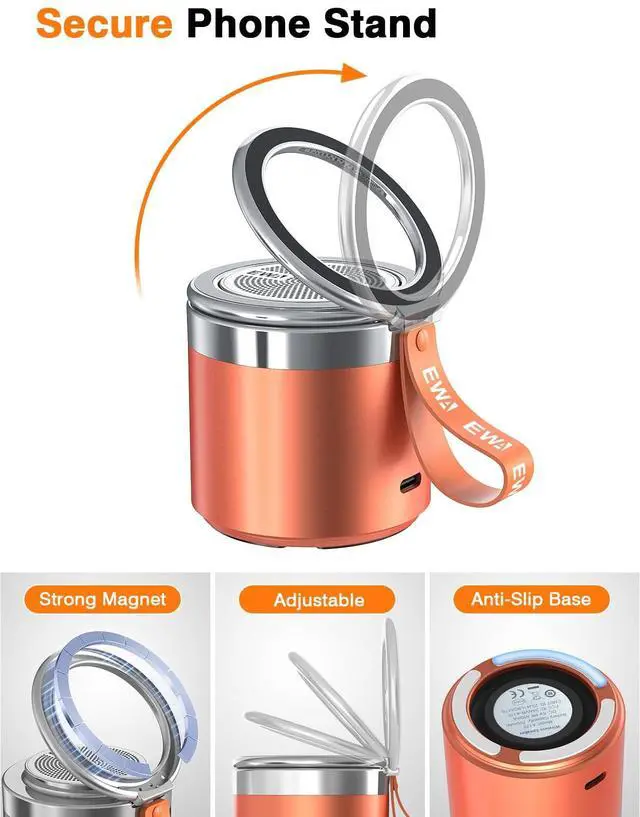 Alt view image 4 of 7 - Wireless Bluetooth Speaker with Secure Magnetic Phone Stand, HD Surround Sound & Anti-Slip Base | Hands-Free Magnetic Holder for Desk, Kitchen, Home Workout - Gift Ideal for Men Women (Orange)