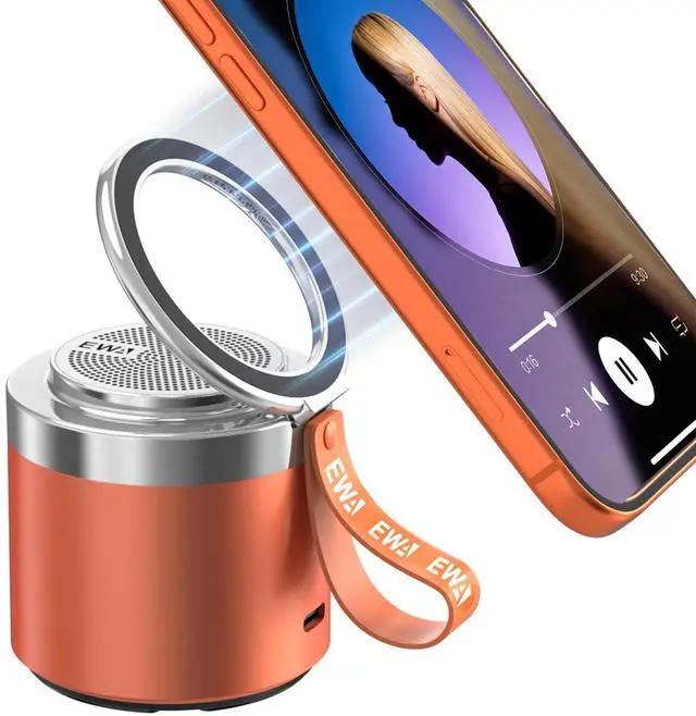 Main image of Wireless Bluetooth Speaker with Secure Magnetic Phone Stand, HD Surround Sound & Anti-Slip Base | Hands-Free Magnetic Holder for Desk, Kitchen, Home Workout - Gift Ideal for Men Women (Orange)