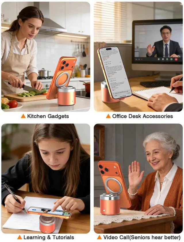 Alt view image 5 of 7 - Wireless Bluetooth Speaker with Secure Magnetic Phone Stand, HD Surround Sound & Anti-Slip Base | Hands-Free Magnetic Holder for Desk, Kitchen, Home Workout - Gift Ideal for Men Women (Orange)