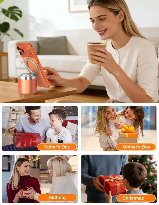 Alt view image 7 of 7 - Wireless Bluetooth Speaker with Secure Magnetic Phone Stand, HD Surround Sound & Anti-Slip Base | Hands-Free Magnetic Holder for Desk, Kitchen, Home Workout - Gift Ideal for Men Women (Orange)