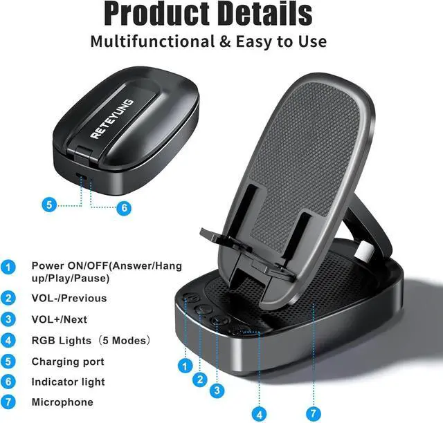 Alt view image 3 of 7 - Gifts for Men Woman,Phone Stand with Wireless Bluetooth Speaker for Men with LED Atmosphere Light HD Surround Sound Speaker for Home,Office,Birthday,Anniversary,Compatible with iPhone/iPad Tablet