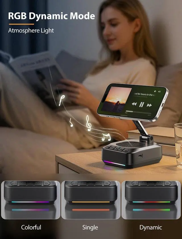 Alt view image 4 of 7 - Gifts for Men Women, Phone Stand with Bluetooth Speaker, Foldable Adjustable Magnetic Phone Holder for Desk, HD Stereo RGB Speaker for Home Kitchen, Fit for iPhone/Android/Samsung Galaxy