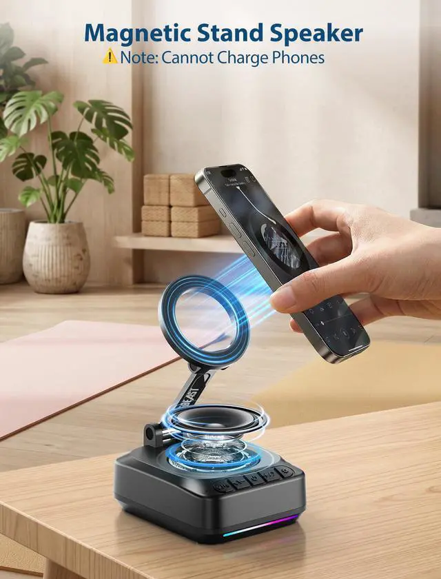 Alt view image 2 of 7 - Gifts for Men Women, Phone Stand with Bluetooth Speaker, Foldable Adjustable Magnetic Phone Holder for Desk, HD Stereo RGB Speaker for Home Kitchen, Fit for iPhone/Android/Samsung Galaxy