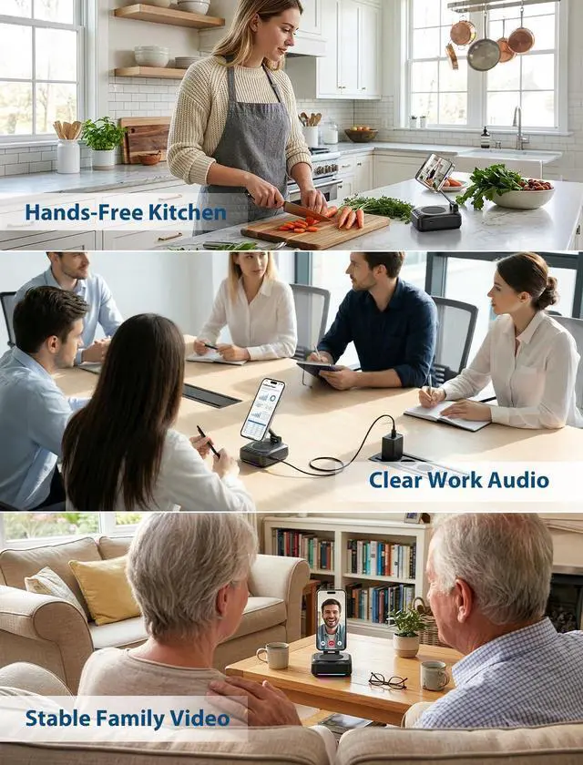 Alt view image 3 of 7 - Gifts for Men Women, Phone Stand with Bluetooth Speaker, Foldable Adjustable Magnetic Phone Holder for Desk, HD Stereo RGB Speaker for Home Kitchen, Fit for iPhone/Android/Samsung Galaxy