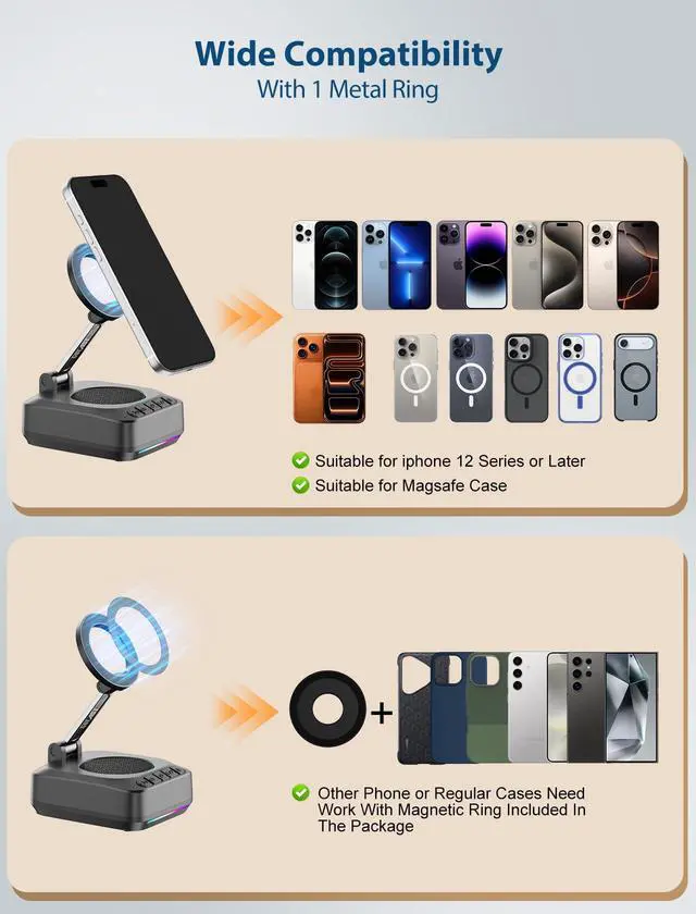 Alt view image 6 of 7 - Gifts for Men Women, Phone Stand with Bluetooth Speaker, Foldable Adjustable Magnetic Phone Holder for Desk, HD Stereo RGB Speaker for Home Kitchen, Fit for iPhone/Android/Samsung Galaxy
