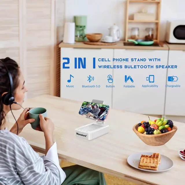 Alt view image 2 of 7 - Cell Phone Stand with Wireless Bluetooth Speaker Compatible for iPhone/Samsung/iPad Tablet, Anti-Slip Design Phone Stand with HD Surround Sound for Home, Office, Outdoor (White)