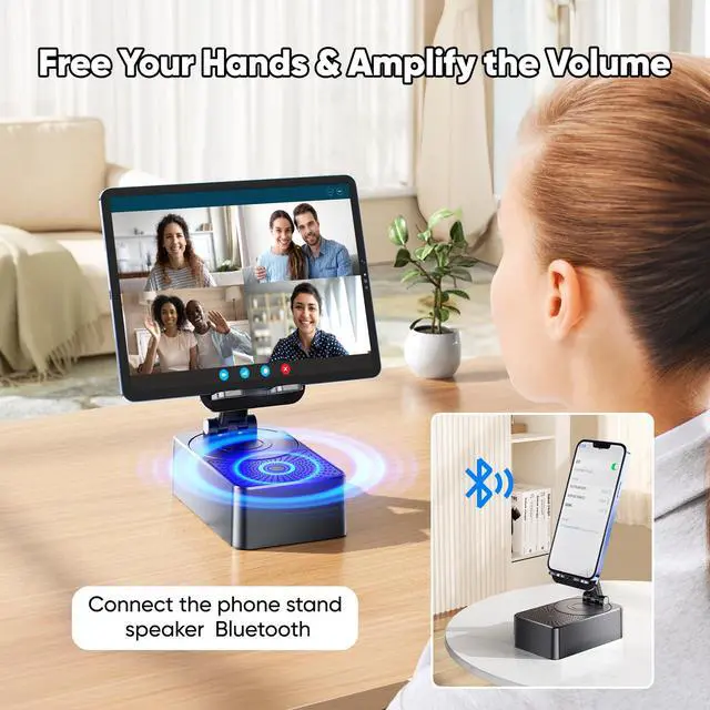 Alt view image 4 of 7 - Phone Stand with Speaker with Bluetooth 5.3,Phone Stand with Remote Control & Adjustable Height/Angle,Non-Slip Silicone Base,Portable for Home/Office/Outdoor,Gifts for Men Women Teens Parents