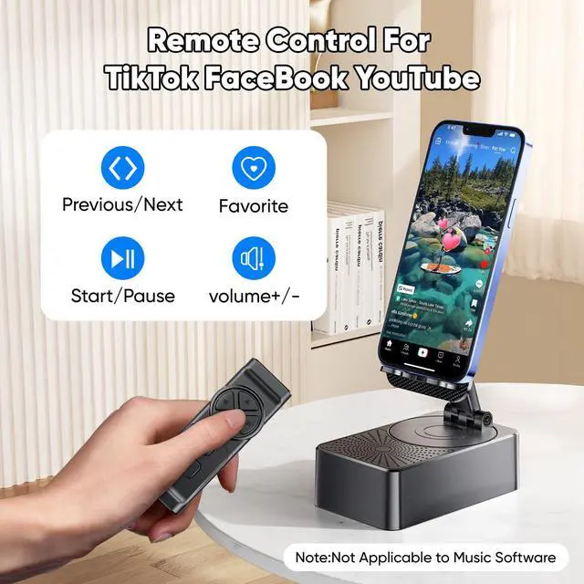 Alt view image 5 of 7 - Phone Stand with Speaker with Bluetooth 5.3,Phone Stand with Remote Control & Adjustable Height/Angle,Non-Slip Silicone Base,Portable for Home/Office/Outdoor,Gifts for Men Women Teens Parents