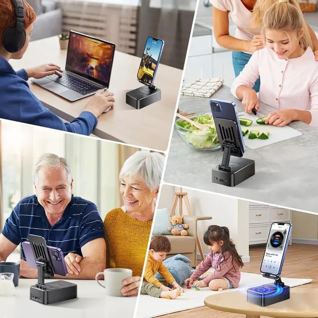 Alt view image 6 of 7 - Phone Stand with Speaker with Bluetooth 5.3,Phone Stand with Remote Control & Adjustable Height/Angle,Non-Slip Silicone Base,Portable for Home/Office/Outdoor,Gifts for Men Women Teens Parents